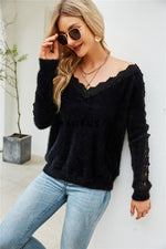 Women's Sweater Cardigan Knitted Fungus Edge V-neck Hollow Sleeve Lace Stitching Blouse