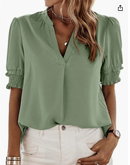 V-Neck Puff Short Sleeve Chiffon T-Shirt Wholesale Womens Tops