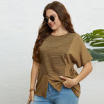 Wholesale Women'S Plus Size Clothing Striped Round Neck Short Sleeve Slit Top