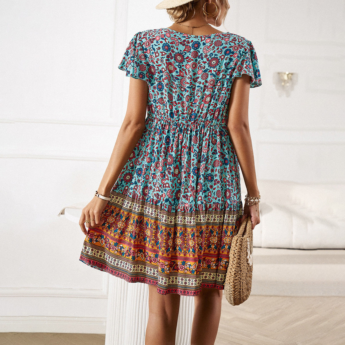 Bohemian Print V-Neck Petal Sleeve Tie Dress Wholesale Dresses