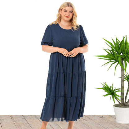 Round Neck Curvy Smocked Loose Dresses Wholesale Plus Size Clothing