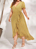 Wholesale Women'S Plus Size Clothing Floral Bohemian Ruffle Tie Short Sleeve Irregular Dress