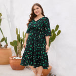 Wholesale Women'S Plus Size Clothing V-Neck Bell Sleeve Ruffled Print Pullover Dress