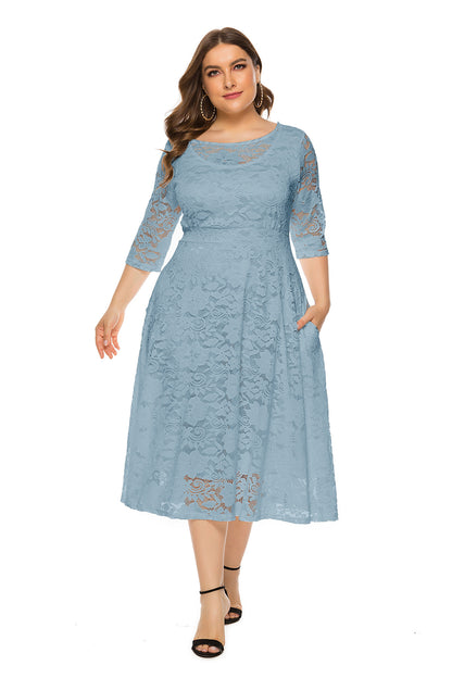 Sexy Hollow Lace Mid-Sleeve Midi Dress With Pockets A-Line Solid Color Dresses Wholesale Plus Size Clothing