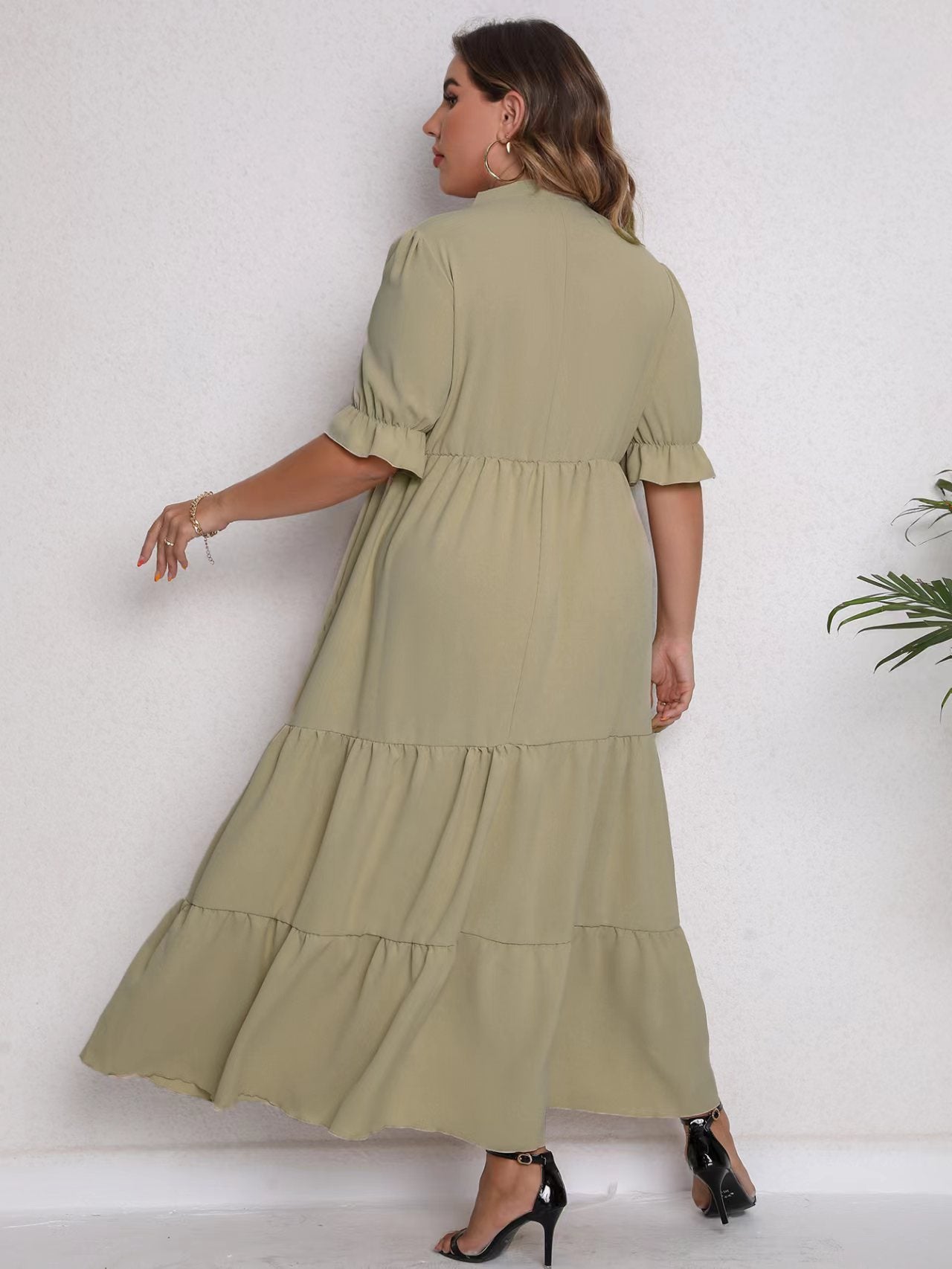 Wholesale Women'S Plus Size Clothing Round Neck Tie Short Sleeve Slim Solid Color Dress