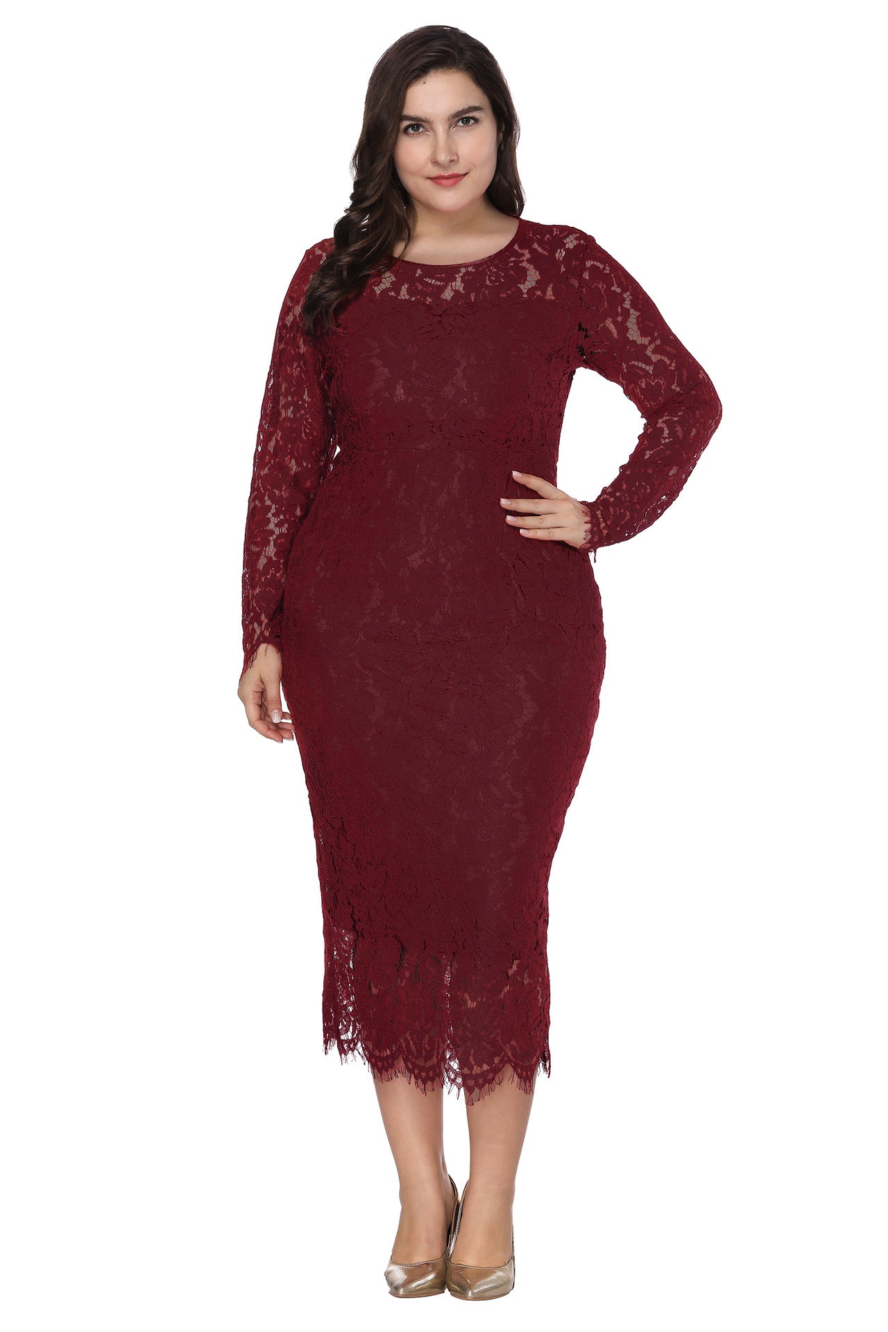 Sexy Lace Hollow Midi Dress Slim Solid Color Long Sleeve Wholesale Plus Size Clothing