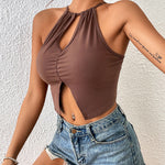 Sexy Hanging Neck Strap Solid Color Hollow Slit Crop Tops Wholesale Women'S Tops