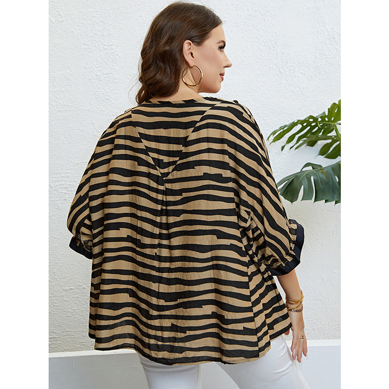 Wholesale Women'S Plus Size Clothing Zebra-Print Three-Quarter-Sleeve Elegant Top