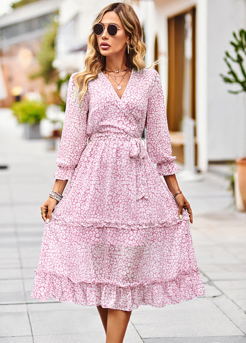 Temperament Elegant Tie-Up V-Neck 3/4 Sleeve Floral Swing Dress Wholesale Dresses