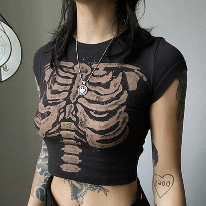 Dark Retro Round Neck Skeleton Print Slim Tee Crop Tops Wholesale Women'S Tops