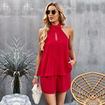 Fashion Sleeveless Solid Color Hanging Neck Top And Shorts Set Wholesale Two Piece Sets