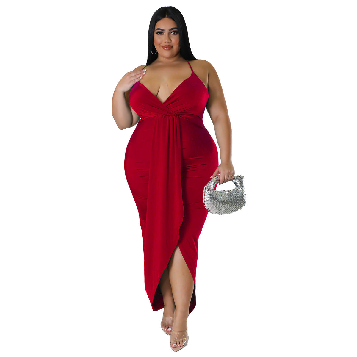 Deep-V Neck Strap Sleeveless Sling Ruched Sexy Curvy Maxi Dresses Wholesale Plus Size Clothing