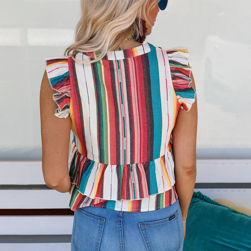 Striped Print Ruffled Women Sleeveless Shirts Wholesale Tank Tops