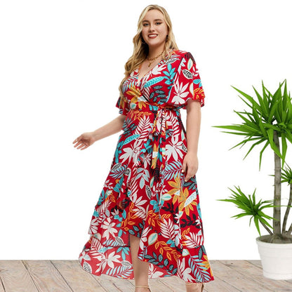 Wholesale Women'S Plus Size Clothing Irregular Short Sleeve Printed Wrap Bohemian Dress