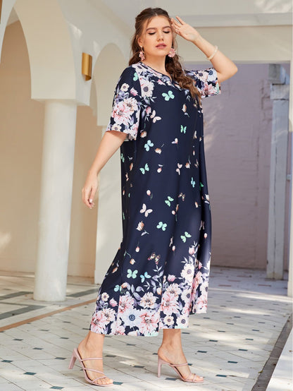 Fashion Printed V-Neck Midi Dress Short Sleeve Loose Wholesale Plus Size Clothing