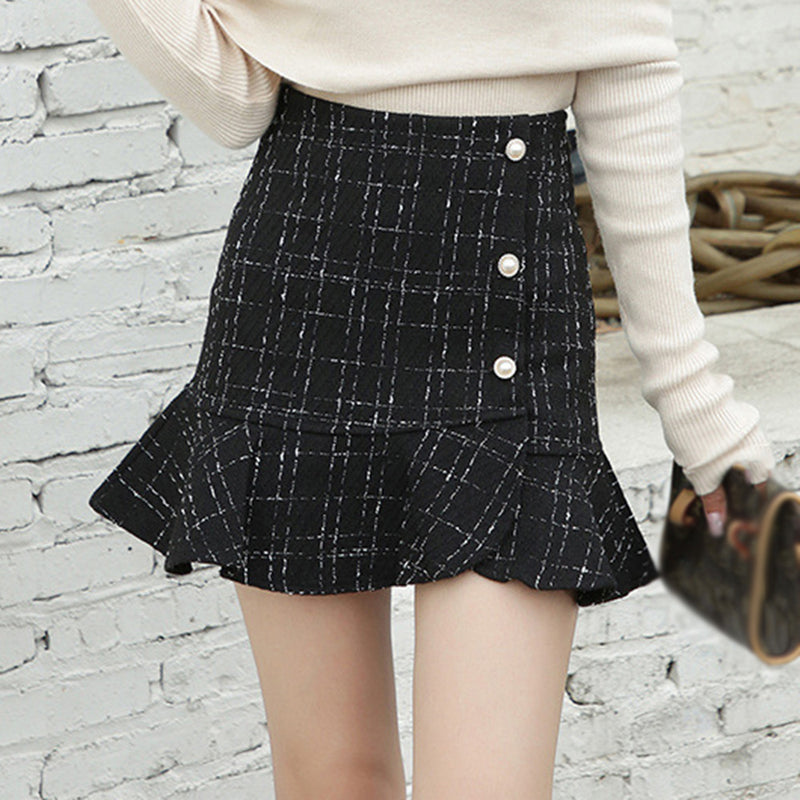 Fashion High Waist Skinny Ruffle Check Button Half-Body Skirt Wholesale Skirts
