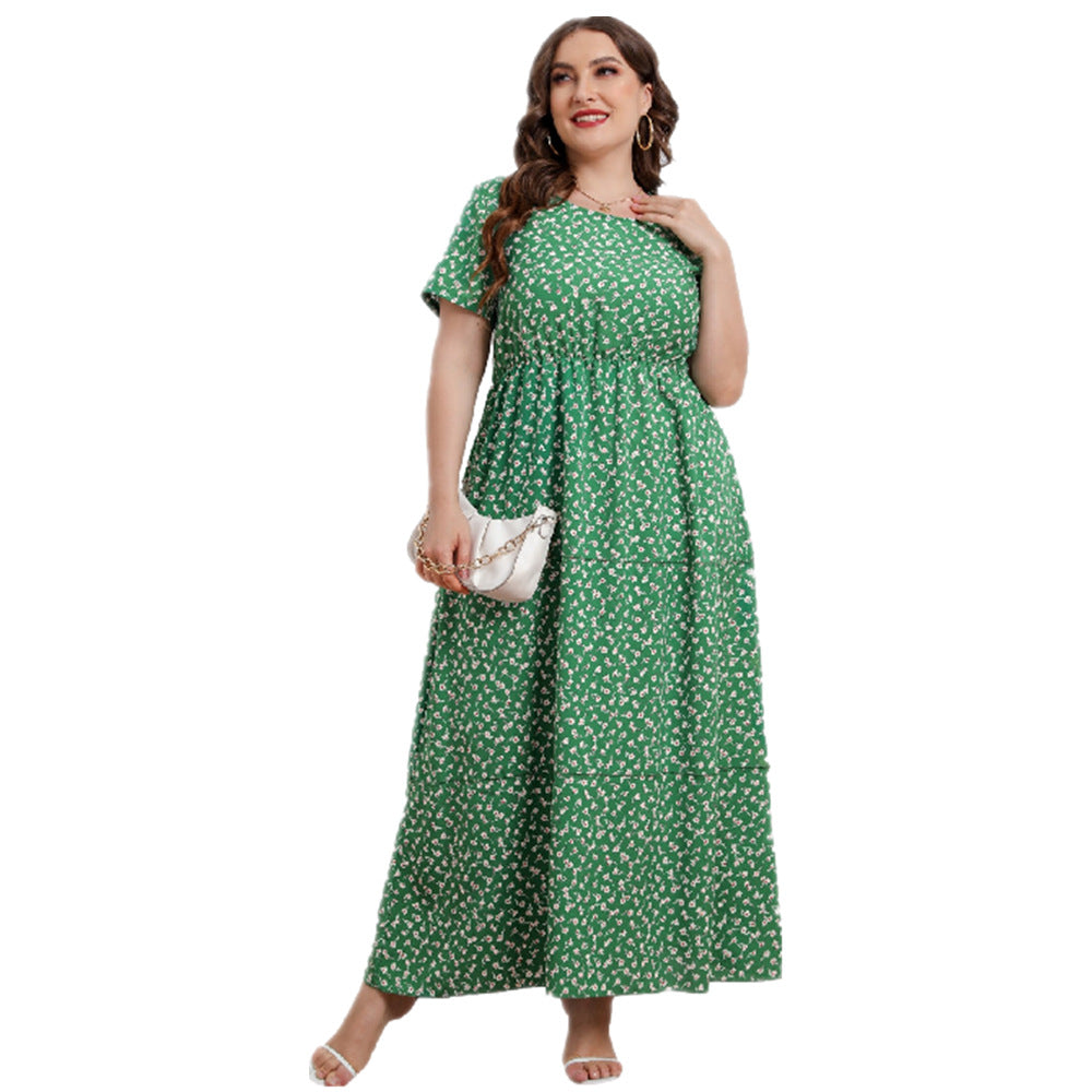 Casual Floral Crew Neck Swing Dress Short Sleeve Midi Dresses Wholesale Plus Size Clothing