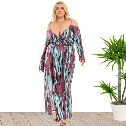 Sexy Deep V Sling Midi Dress High Waist Print Swing Slit Dresses Wholesale Plus Size Clothing