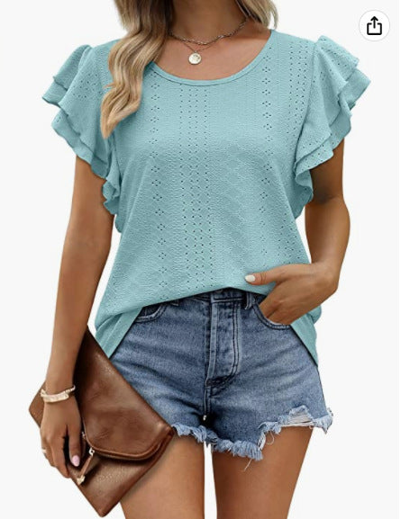 Round Neck Double Layer Short Sleeve Hollow T-Shirt Wholesale Womens Tops