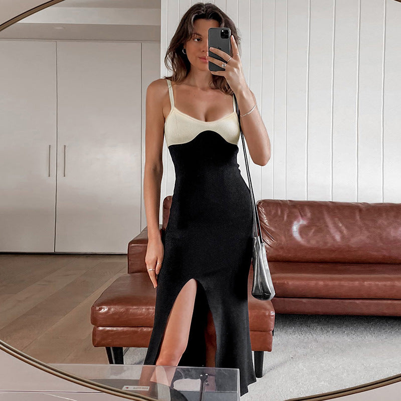 Sexy Slip Contrast Color Dress Backless Slit Midi Bodycon Wholesale Dresses