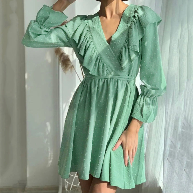 Commuter Ruffled V-Neck Puff Sleeve Solid Color A-Line Dress Wholesale Dresses