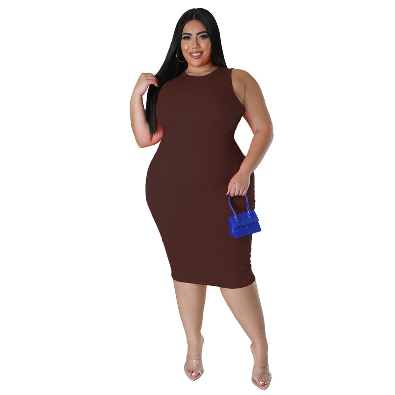 Wholesale Women'S Plus Size Clothing Commuter Solid Color Round Neck Skinny Sleeveless Dress