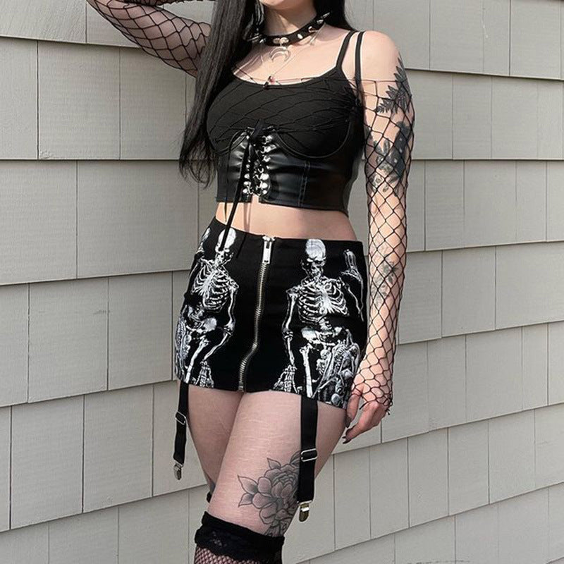 Dark Punk Personality Trend Street Zipper Skull Print Skirt Wholesale Women'S Bottom
