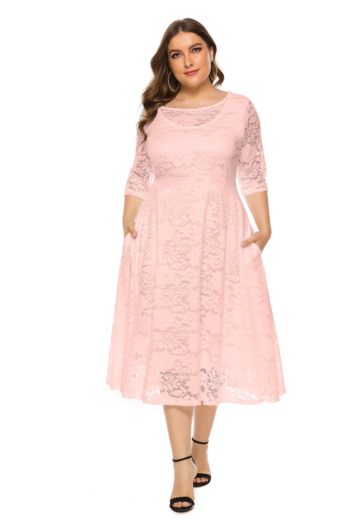 Sexy Hollow Lace Mid-Sleeve Midi Dress With Pockets A-Line Solid Color Dresses Wholesale Plus Size Clothing