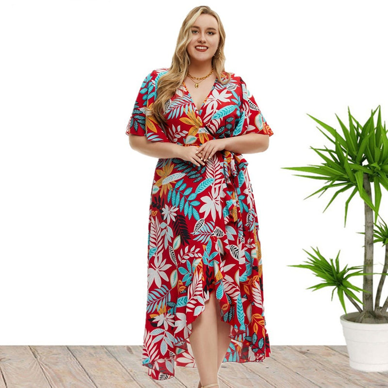 Wholesale Women'S Plus Size Clothing Irregular Short Sleeve Printed Wrap Bohemian Dress