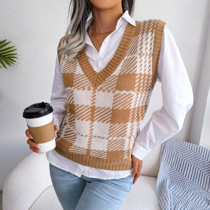 Fashion Casual Contrast Check V-Neck Sweater Vest Wholesale Women Clothing