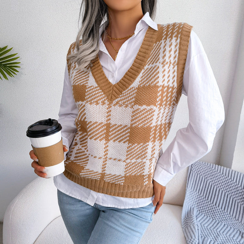 Fashion Casual Contrast Check V-Neck Sweater Vest Wholesale Women Clothing