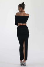 Sexy Halter Off Shoulder Twist Long Sleeves Tops & Back Slit Maxi Skirt Wholesale Womens 2 Piece Sets