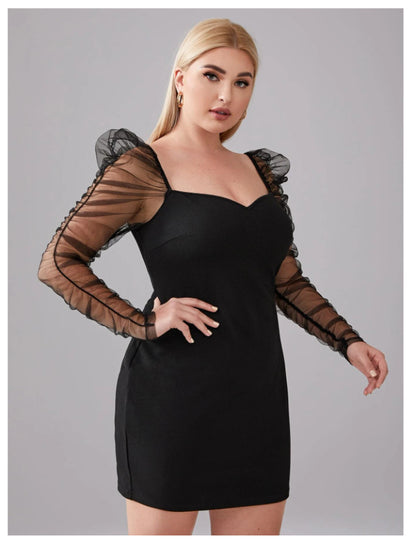 Sexy Mesh V-Neck Bodycon Mini Dress Long Sleeve Solid Color Wholesale Plus Size Clothing