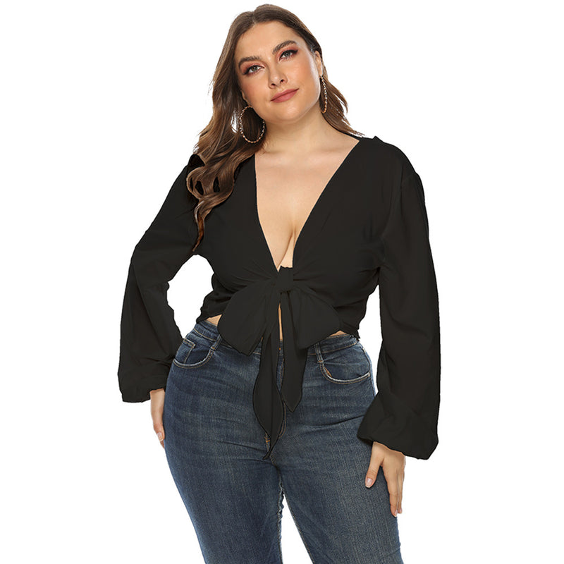 Sexy V-Neck Crop Tops Solid Color Long Sleeve Women Wholesale Plus Size Clothing
