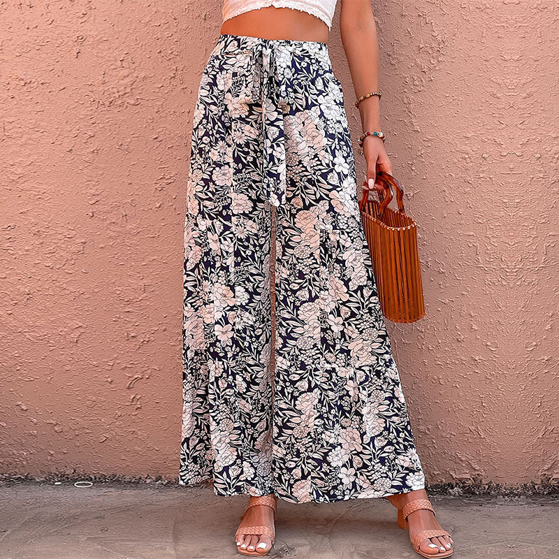 All-Match Lace-Up Printed High-Waisted Wide-Leg Pants Wholesale Women'S Bottoms