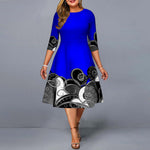 Casual Printed Swing A-Line Dress Crew Neck Long Sleeve Wholesale Plus Size Clothing