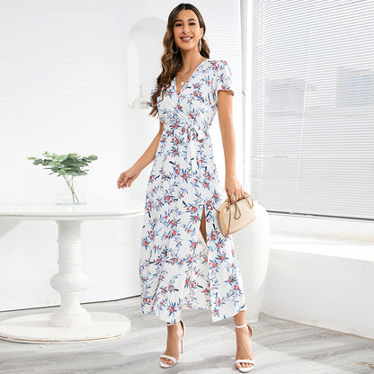 Summer Short Sleeve V-Neck Floral Print Chiffon A-Line Dress Wholesale Dresses