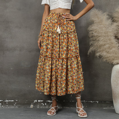 Floral Print Boho Fashion Smocked Bohemian Swing Long Skirt Wholesale Skirts