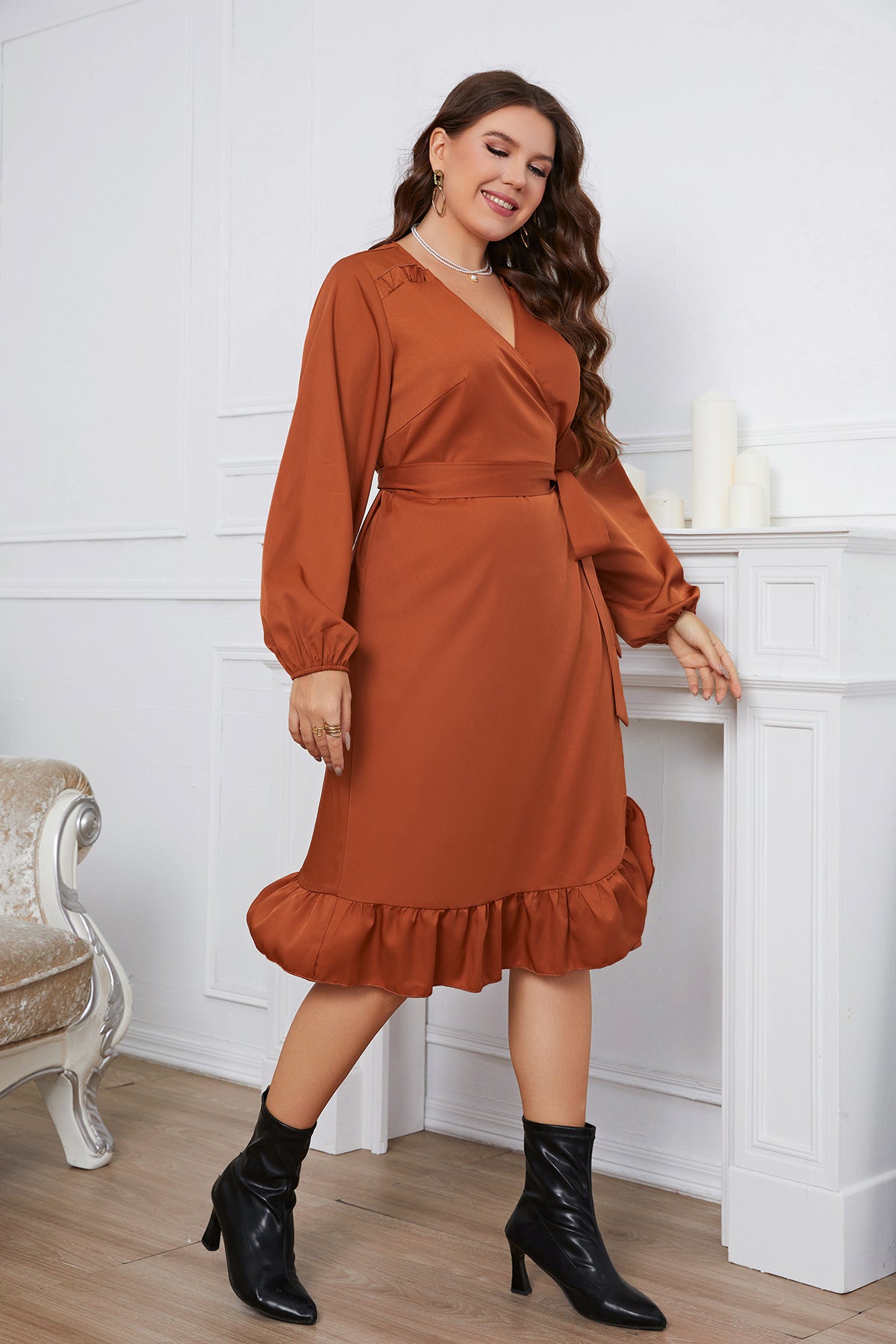 Long Sleeve Tie-Up Waist Long Sleeve Ruffled Wrap Curvy Dresses Wholesale Plus Size Clothing N5323021500042