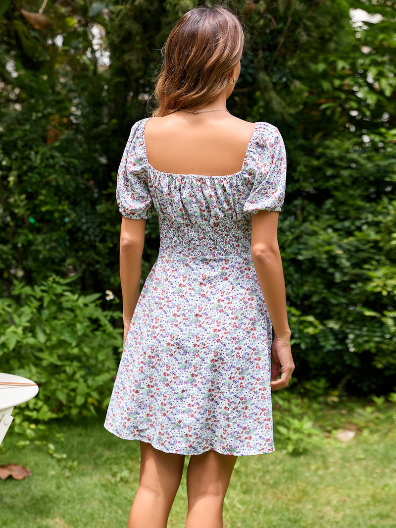 Floral Print Puff Sleeve A-Line Dress Wholesale Dresses