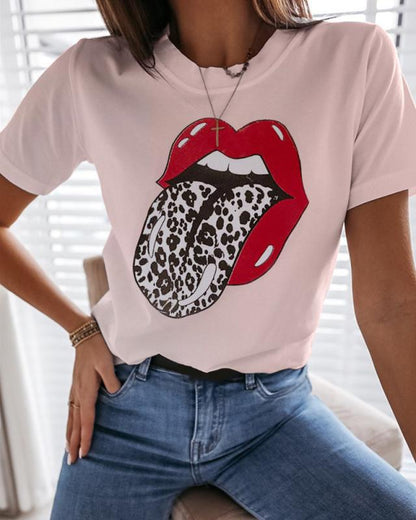 Short Sleeve Round Neck Lip Print Womens T Shirts Wholesale