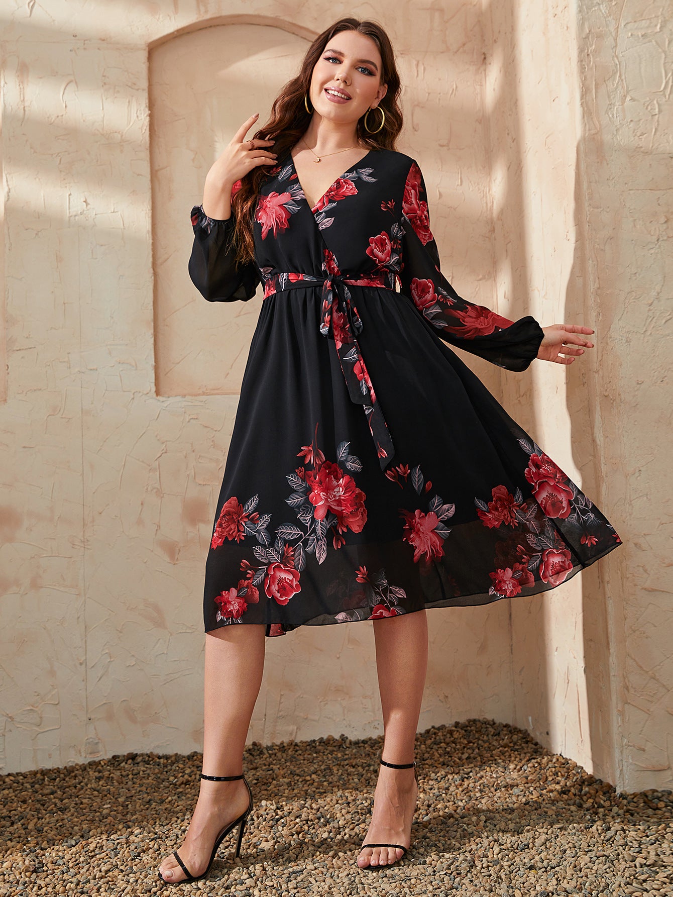 Rose Print Long Sleeve Swing Curve Dresses Wholesale Plus Size Clothing