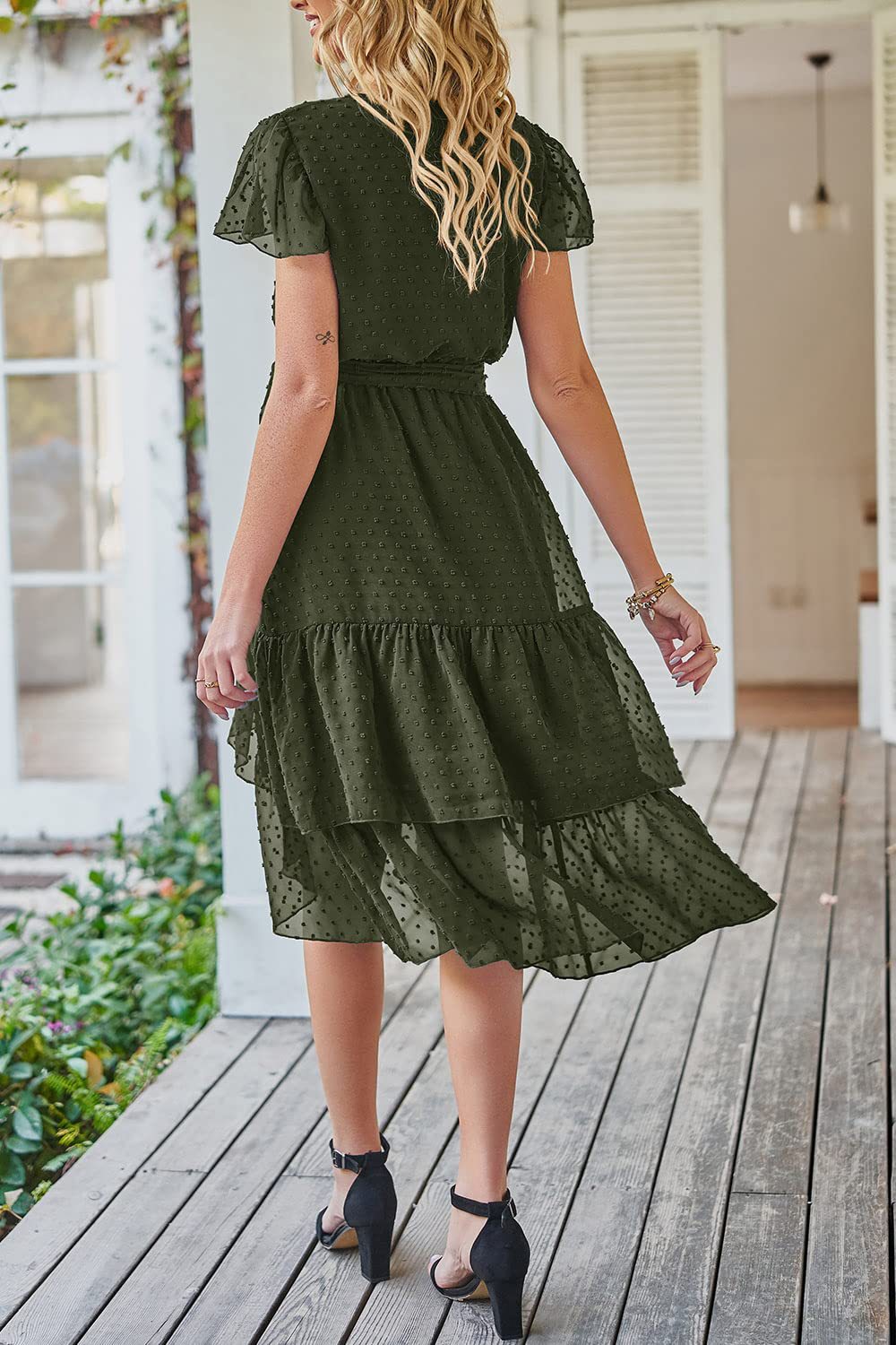 V-Neck Short Sleeves Lace-Up Jacquard Ruffled Wrap Dress Wholesale Dresses