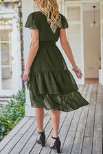 V-Neck Short Sleeves Lace-Up Jacquard Ruffled Wrap Dress Wholesale Dresses