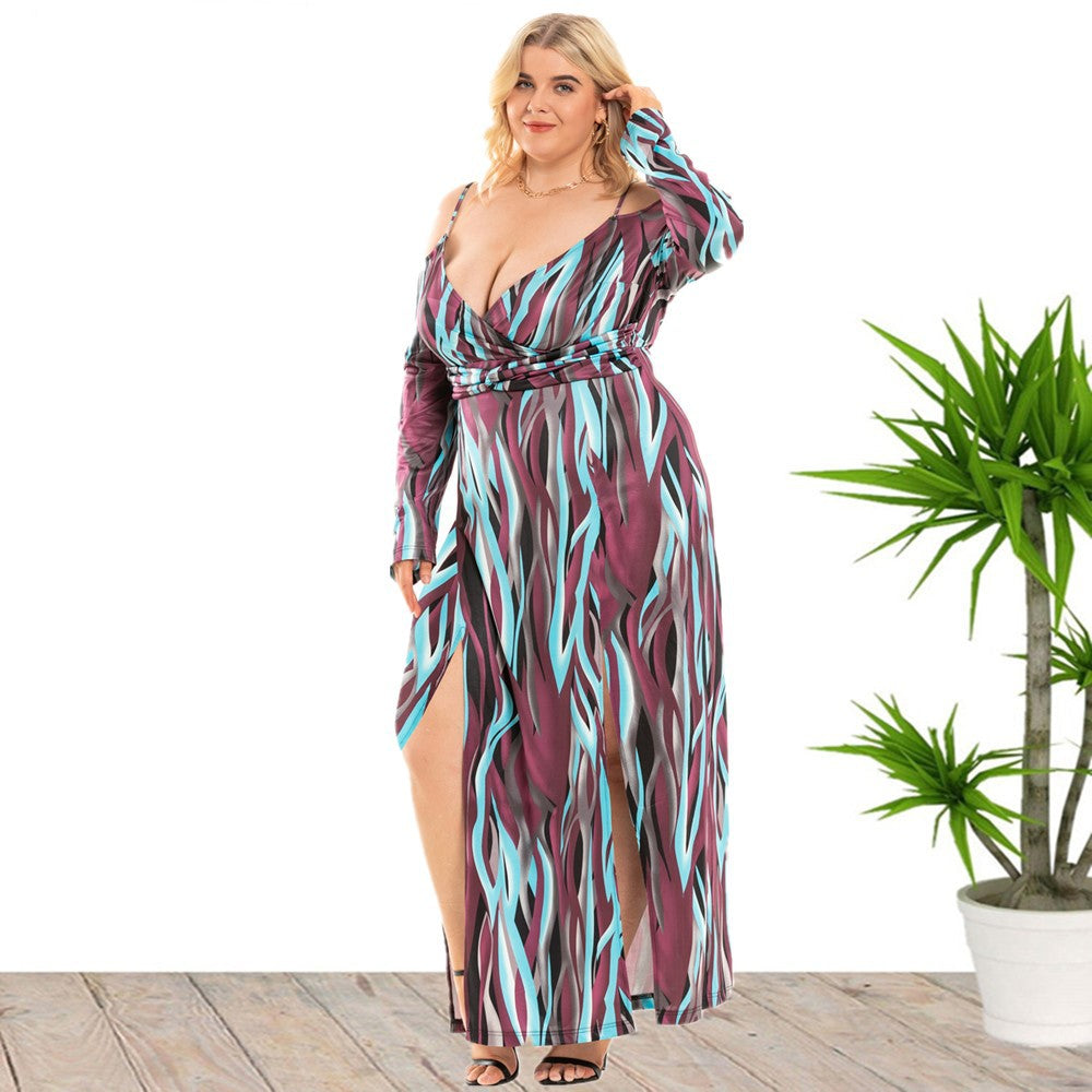 Sexy Deep V Sling Midi Dress High Waist Print Swing Slit Dresses Wholesale Plus Size Clothing