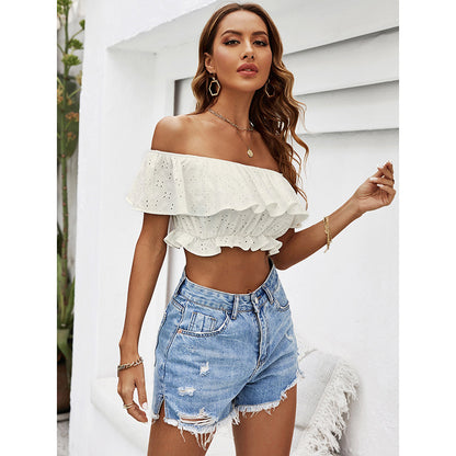 Slim-Fit Large Ruffle Off Shoulder Cropped Vacation Tube Top Wholesale Womens Tops