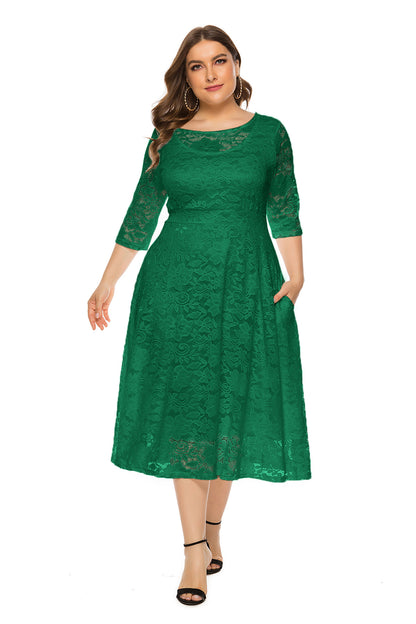 Sexy Hollow Lace Mid-Sleeve Midi Dress With Pockets A-Line Solid Color Dresses Wholesale Plus Size Clothing