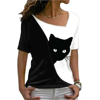 Casual Cat Print Diagonal Neck Tops Short Sleeve Womens T Shirts Wholesale