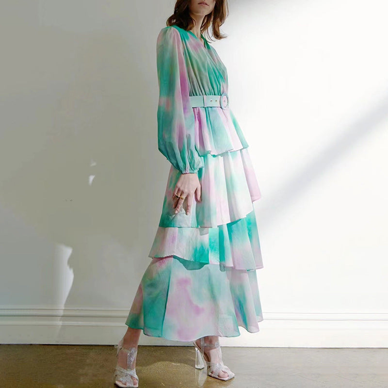 Fashion Tie-Dyed Waist V-Neck Long Sleeve Cake Layer Dress Wholesale Dresses