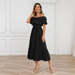 Solid Color Off-Shoulder Lace-Up Waist Mid-Length Ruffle Swing Dress Wholesale Dresses N5323021800028